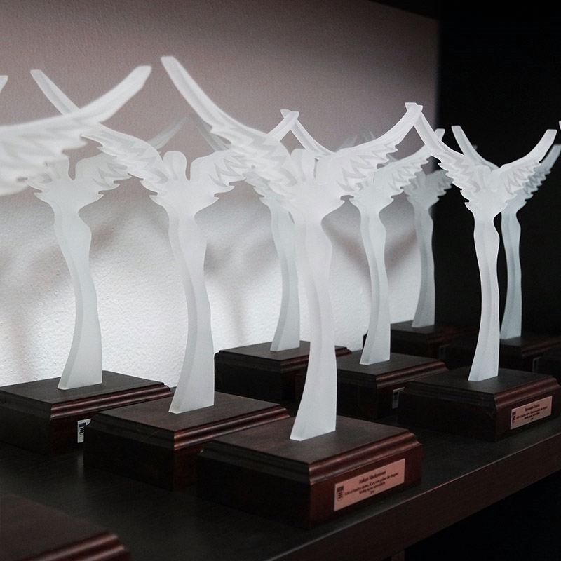 Individualūs apdovanojimai su angelo figūra stikle ant medinio pagrindo, skirti įmonių apdovanojimams.